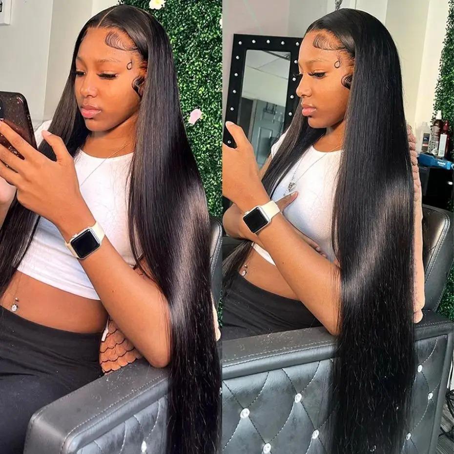 Bling Hair 180 Density 13x6 HD Transparent Straight Lace Frontal Wigs Human Hair 32 34 Inch 13x4 Lace Front Wig PrePlucked For Women