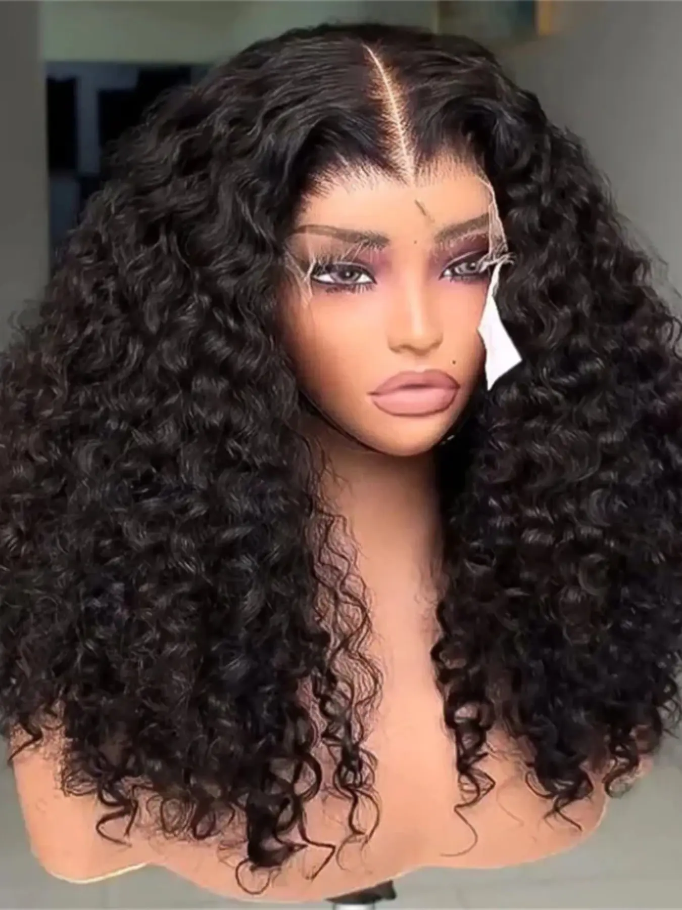 Soft Long 26 Inch 180 Density Natural Black Kinky Curly Deep 13x4 Front Lace Wig, Glueless Lace Wigs Synthtic Pre-Plucked Heat Resistant Daily Wear Wig