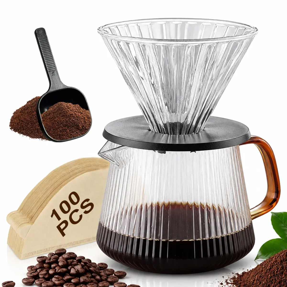 Pour over Coffee Maker Set, 23.6oz Glass Carafe, Coffee Spoon, Paper Filter, Drip Coffee Maker for Home or Office, 1-6 Cups