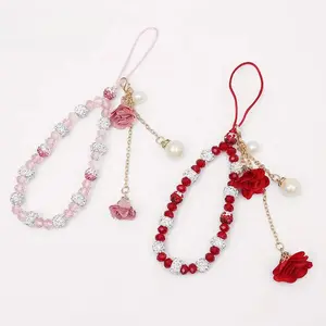 Creative Plaster Flower Short Phone Lanyard, Crystal Hand Rope Bracelet, Flower Pendant Phone Case Charm, Stylish Floral Neck Strap Accessories for Women