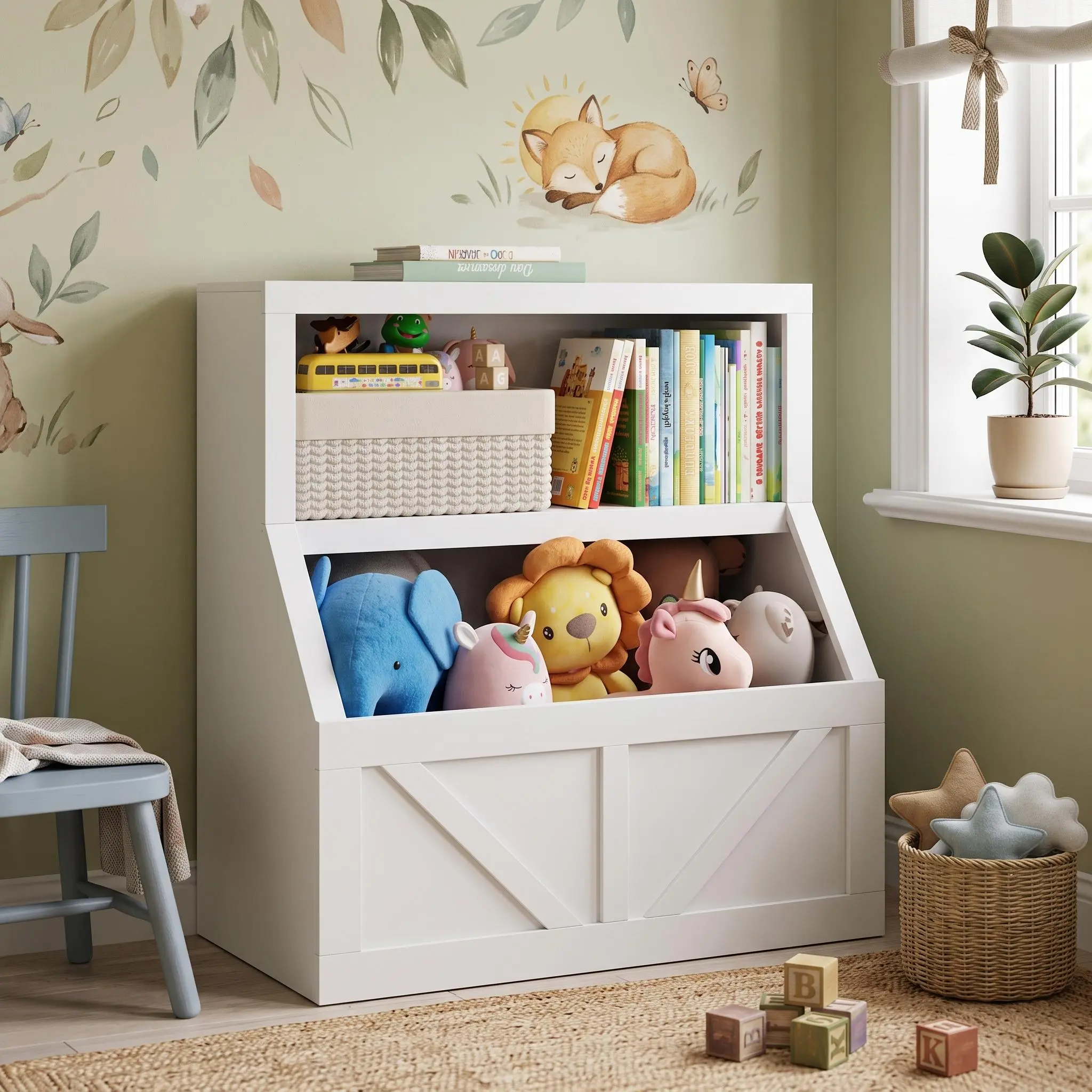 【IdealHouse】Wooden 2-Tier Kids Bookshelf & Toy Storage Cabinet with Sturdy Base, Large Cubbies, Floor-Standing Space-Saving Organizer for Playroom, Bedroom - Antique White