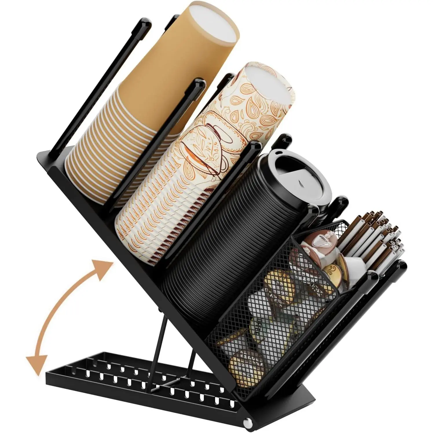Coffee Cup and Lid Holder - Adjustable 8oz-20oz Disposable Cup Dispenser | 4 Compartment Plastic Paper Cup Organizer Straw Storage Basket for Coffee Bar Station Countertop Office Breakroom Metal Black