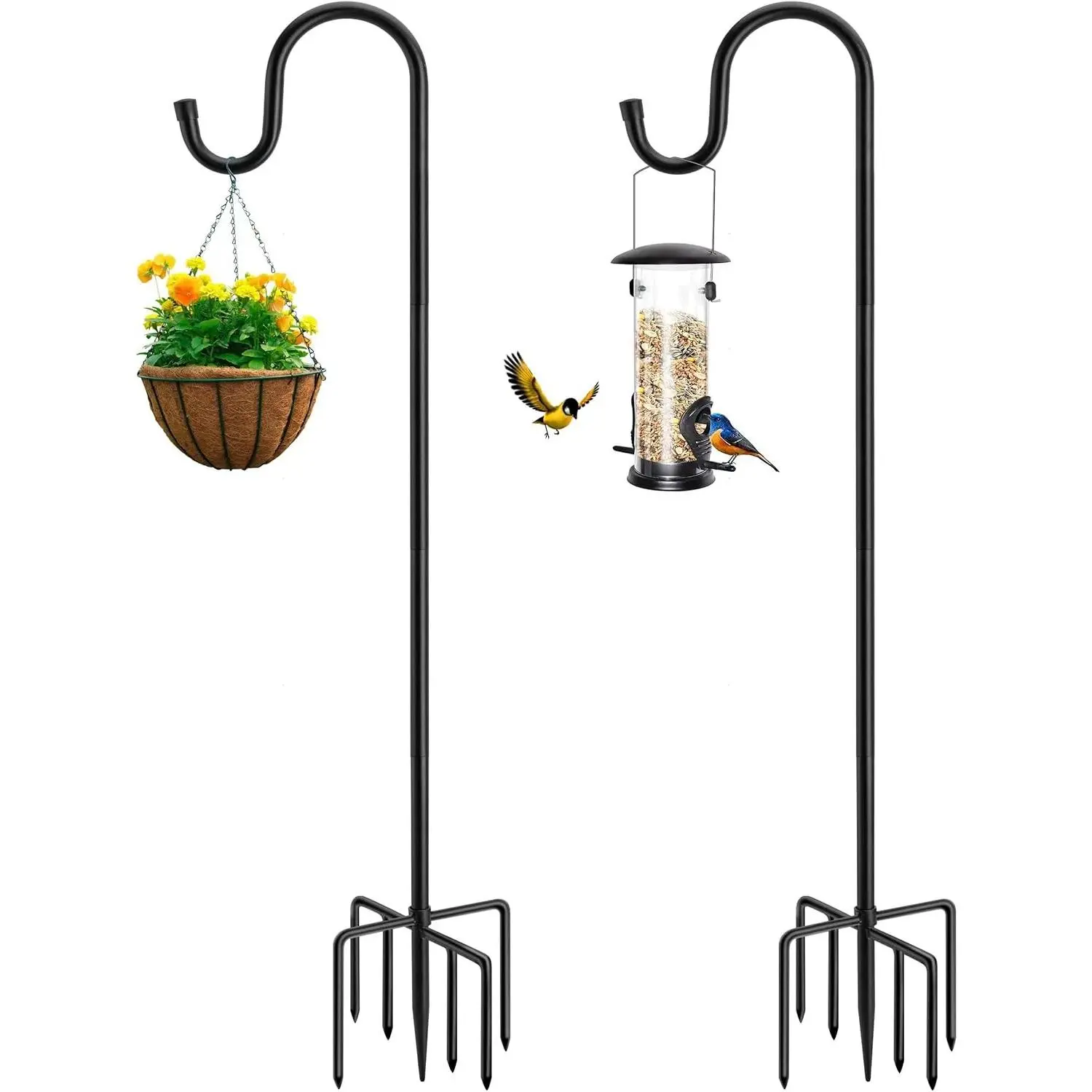 72" Heavy-Duty Shepherd's Hooks, 2-Pack Outdoor Garden Accessories with Adjustable Multi-Size Poles, 7-Base Prongs, Hanging Holder for Bird Feeders, Solar Light Lanterns, Two Packs