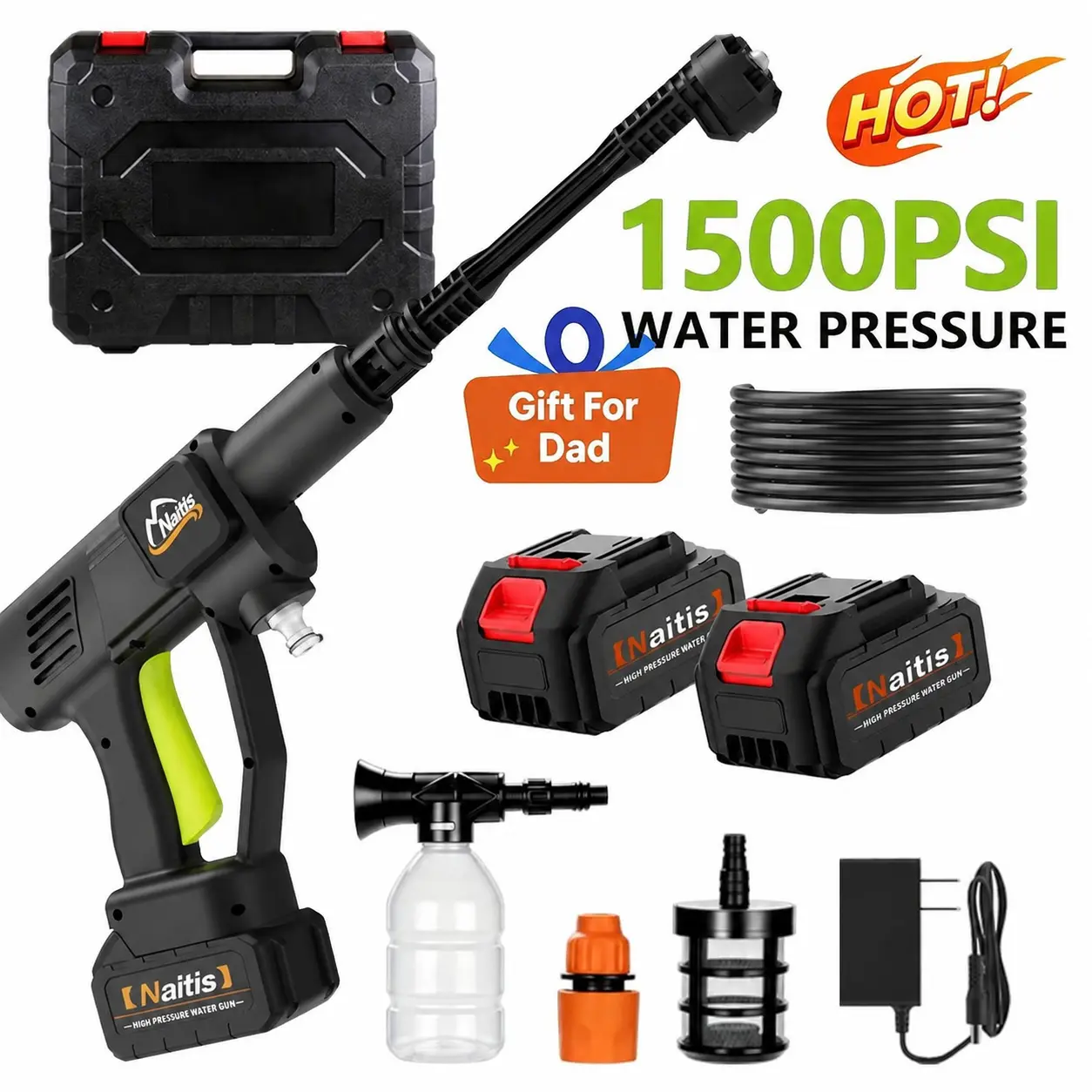 [DealsForYou]NAITIS 1500PSI Cordless Portable Power Washer 21V, 200W High Pressure Water Cleaner with 13000mAh Battery, Adjustable 6-in-1 Nozzle & Foam Bottle,for Valentine’s Day Gift SummerVibes,father'sdaygifts, Pressure Washer, Cordless Pressure Washer