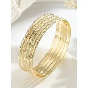 5pcs Hawaiian Vine Carved Copper Bangles, 14K Gold-Plated Floral Pattern Casual Style Exquisite Stackable Bracelets, Perfect Mother's Day and Valentine's Gift