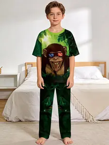 Jungle 3D Glasses Cool Monkey Trendy 2-Piece Set: Boys' Digital Print Short-Sleeve Pajamas with Long Sleep Pants, made of flame-retardant fabric. A fashionable, trendy, casual, comfortable and soft pajama set, suitable for sleeping and home leisure. 100%
