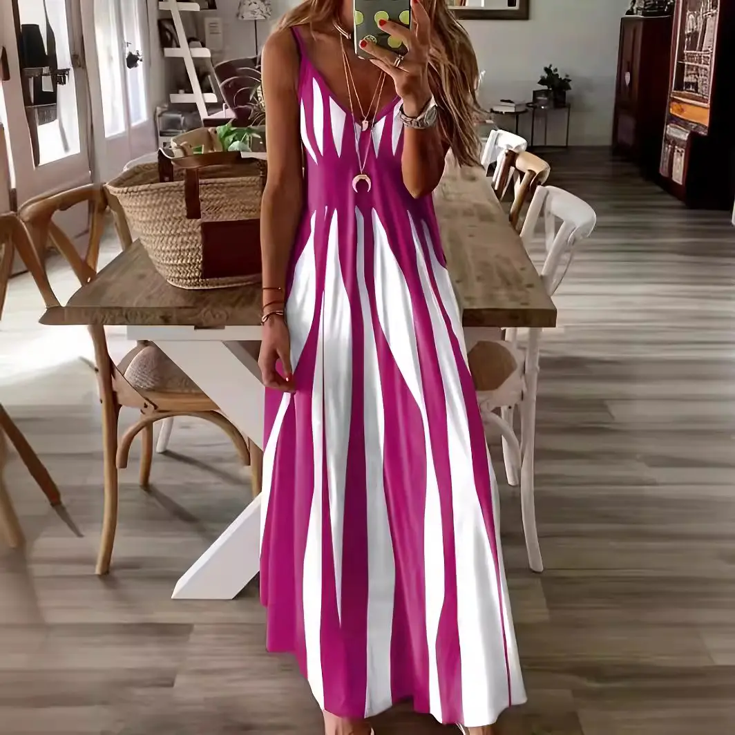 Summer New Casual Printed V-Neck Sleeveless Long Dress