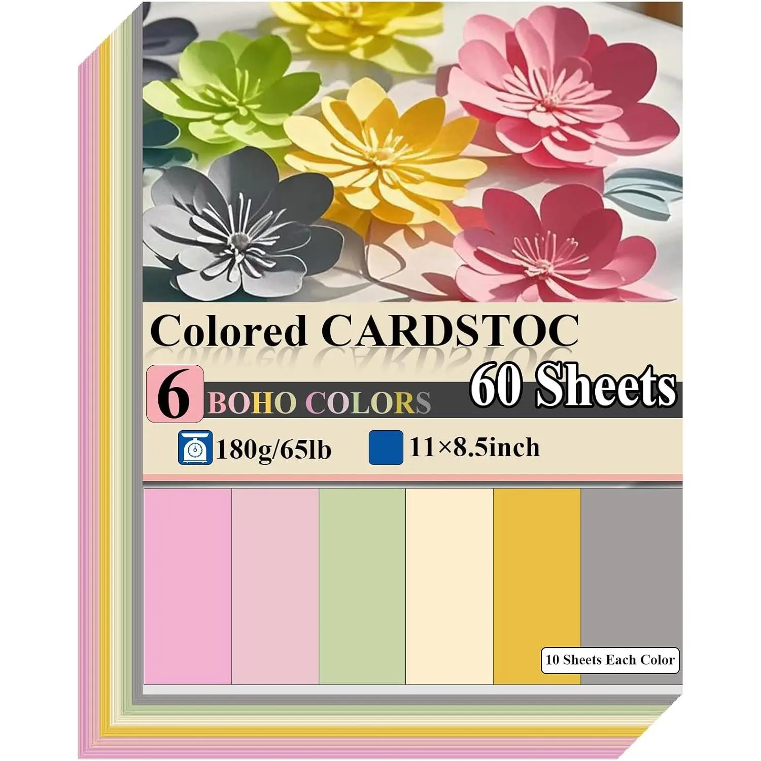 60 Sheets 11 x 8.5 Inch Boho Colored Card Stock Paper, 65lb,  for Crafts, Scrapbooking, and Printing