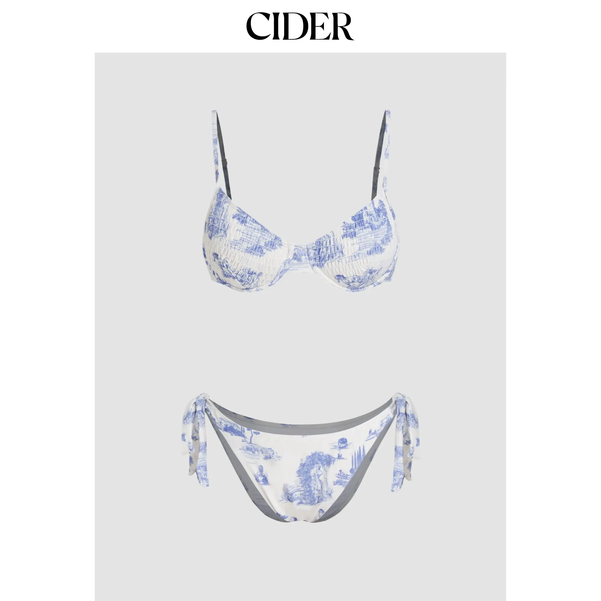 Cider Square Neck Floral Shirred Underwire Tie Side Bikini Swimsuit
