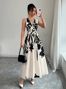 Ink Wash Print Sleeveless Dress, French Chic Style, V Neck Knot Waist, a Line Long Skirt, Slimming Flowy, Office Vacation Women's Wear