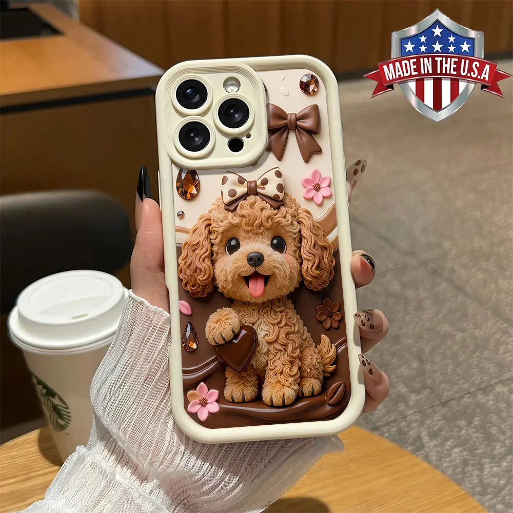 Cute Kawaii Poodle Puppy Bow Floral Chocolate Phone Case for iPhone 17 16 15 14 Pro Max 13 12 11 XR XS Plus Air Slim Shockproof Anti Scratch Protective TPU Cover Birthday Christmas Valentine Gift