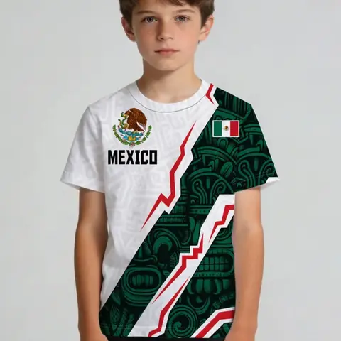 Aztec Totem & Mexico Flag Graphic Pattern Kids T-Shirt, Boy's Round-Neckline Short-Sleeve Slim Fit Casual, Authentic Youth Tee, Graphic Printed Shirt