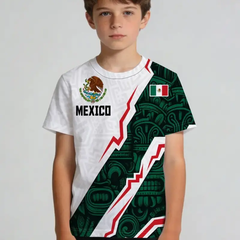 Aztec Totem & Mexico Flag Graphic Pattern Kids T-Shirt, Boy's Round-Neckline Short-Sleeve Slim Fit Casual, Authentic Youth Tee, Graphic Printed Shirt