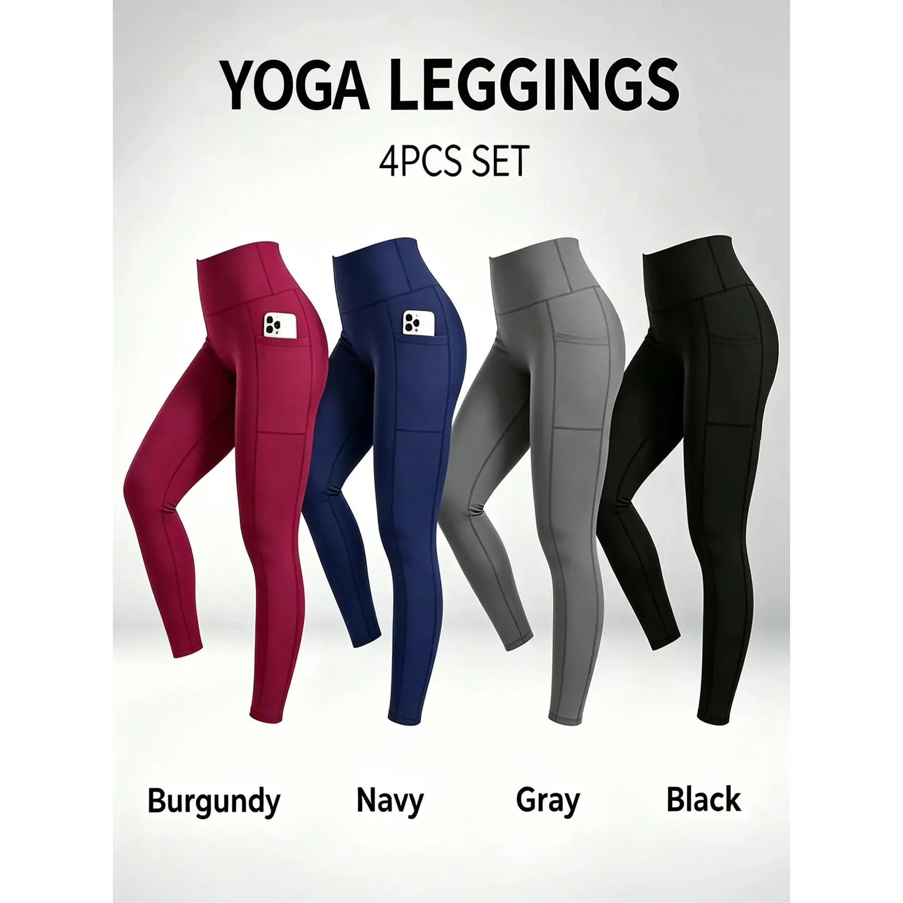 4-pack high-waisted full-length leggings with pockets, tummy control,  yoga pants for spring, summer, and fall training; summery vibes; women’s wear, solid color, all-season casual style, clothing gym Athletic Bottoms butt lifting all-day activewear