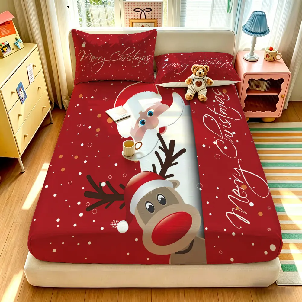 (1 fitted sheet + 2 pillowcases, no filler),Santa Claus and reindeer pattern,Soft cozy fitted sheet 3-piece bedding set, all-season bedding for bedroom decoration and thoughtful birthday gift for daily room use