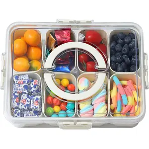 Divided Serving Tray with Lid and Handle - Snackle Box Charcuterie Container for Portable Snack Platters - Clear Organizer for Candy, Fruits, Nuts, Snacks - Perfect for Party, Entertaining