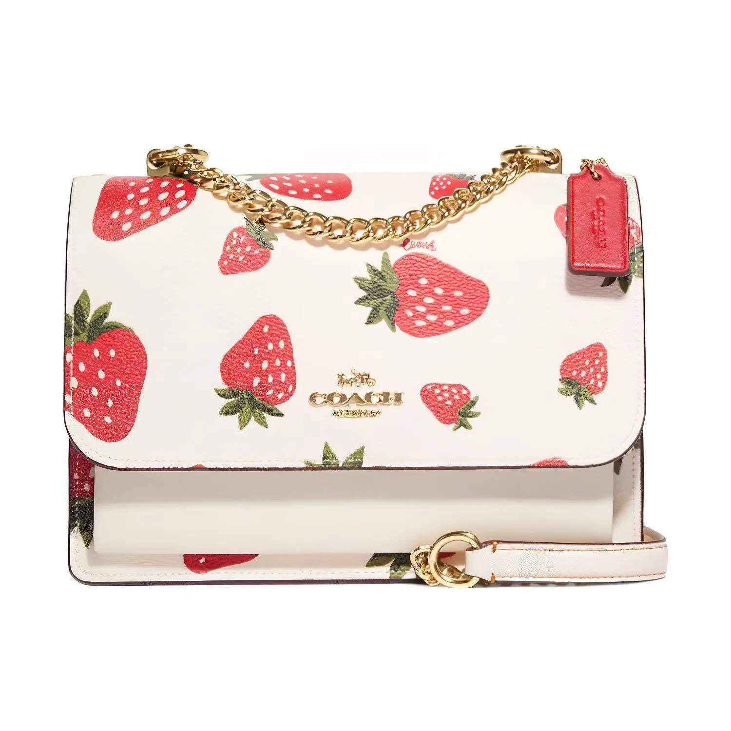 COACH Klare 21 Strawberry Print Leather Pleated Crossbody Bag for Women – White and Red