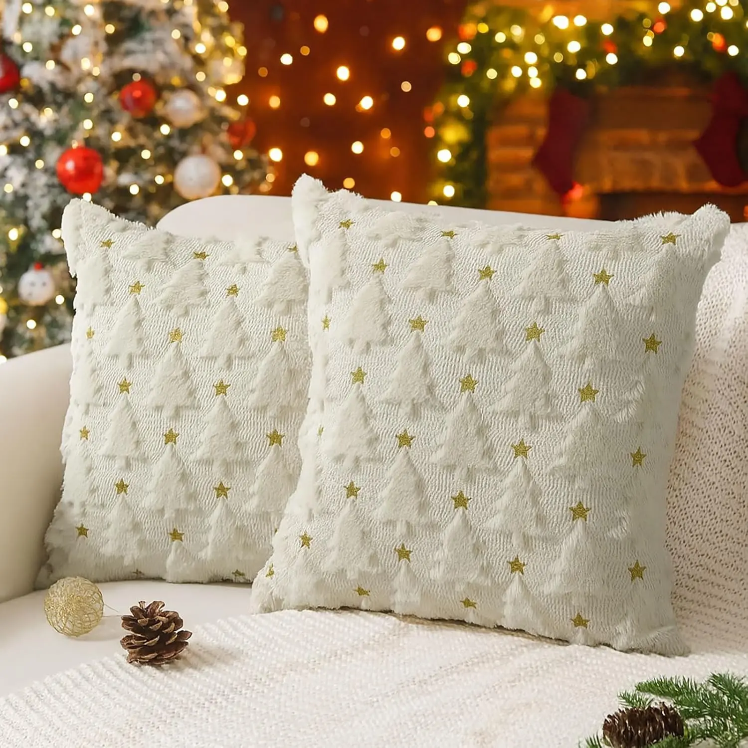 Christmas Pillow Covers 18x18 Inch Set of 2, Christmas Tree Plush Faux  Pillowcases, Soft Decorative Throw Pillow Cases for Xmas  Decor (White)