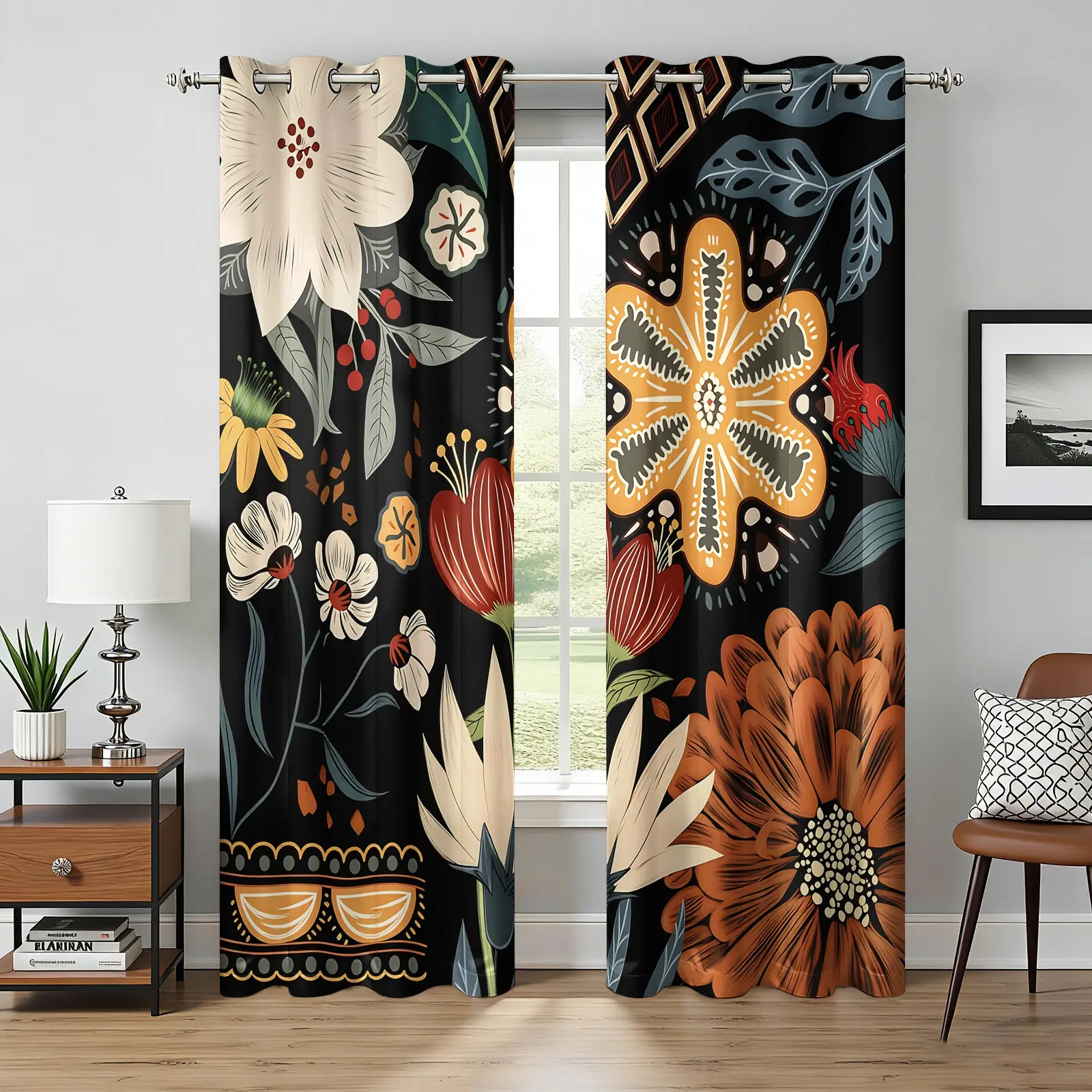 2 Panels Boho Floral Blackout Ready Made Curtains, Light Blocking Vintage Flower Print, No-Hook Washable Fabric, Room Darkening Window Drapes for Bedroom Living Room Decor, Bohemian Home Gift