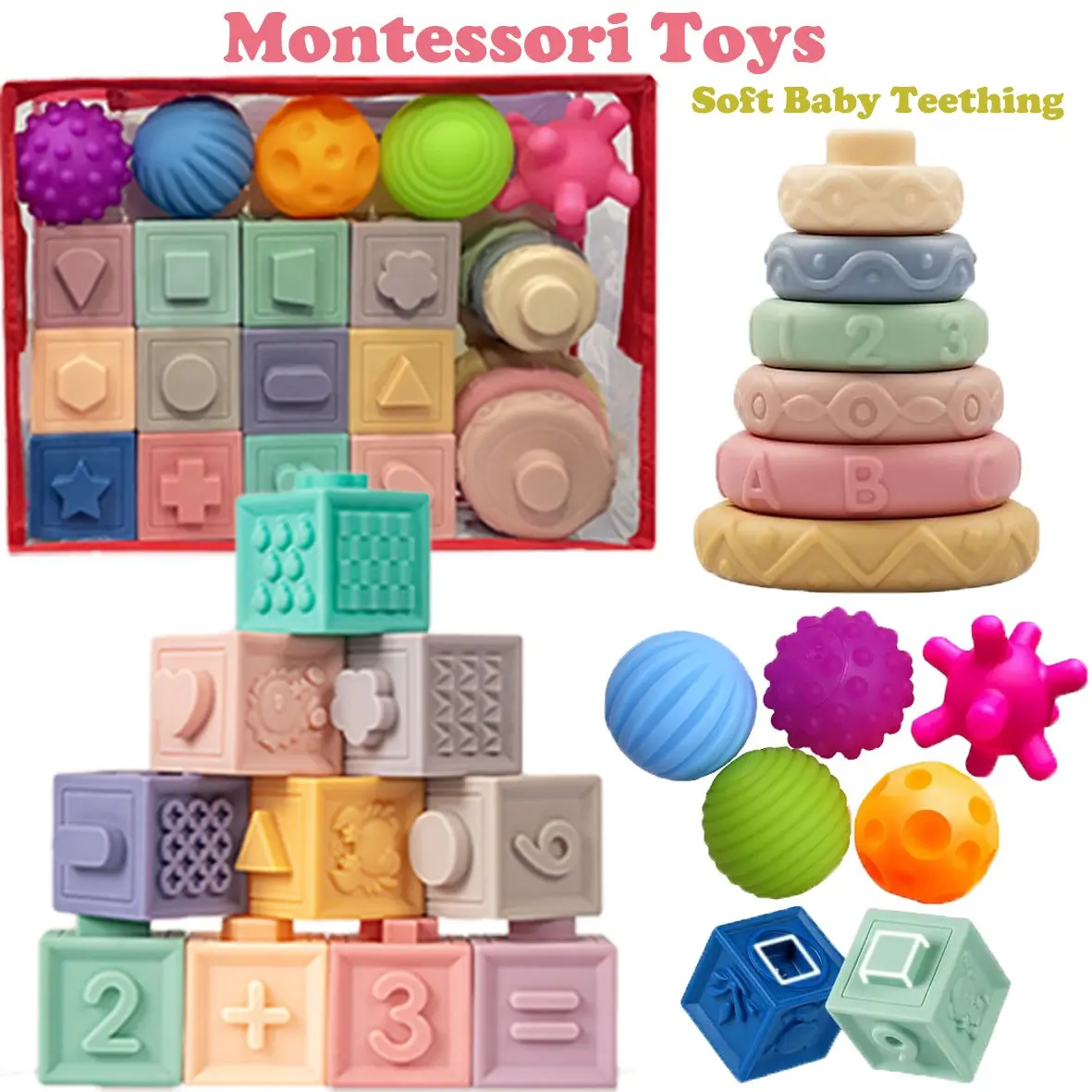 Baby Toys 6-12 Months, Montessori Toy for Babies 6-12 Months, Incl Stacking Building Blocks & Soft Infant Teething Toys & Sensory Balls for Toddlers 0-3-6-9-12 Month