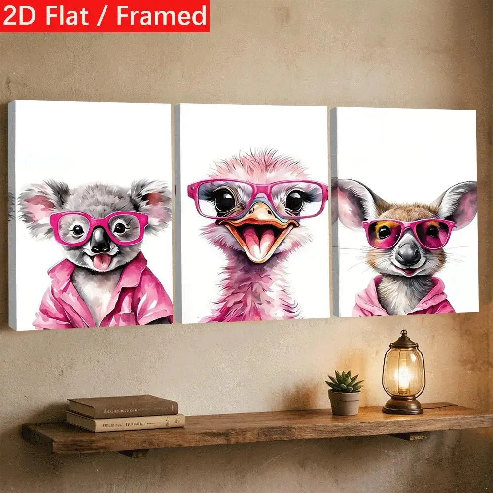2D Flat, 2D Flat, Posters & Prints, Cute Animal Themed Pink Triptych Canvas Wall Art with Wrapped Canvas Frame, Koala Ostrich Quokka Cute Cartoon Watercolor Decorative Painting