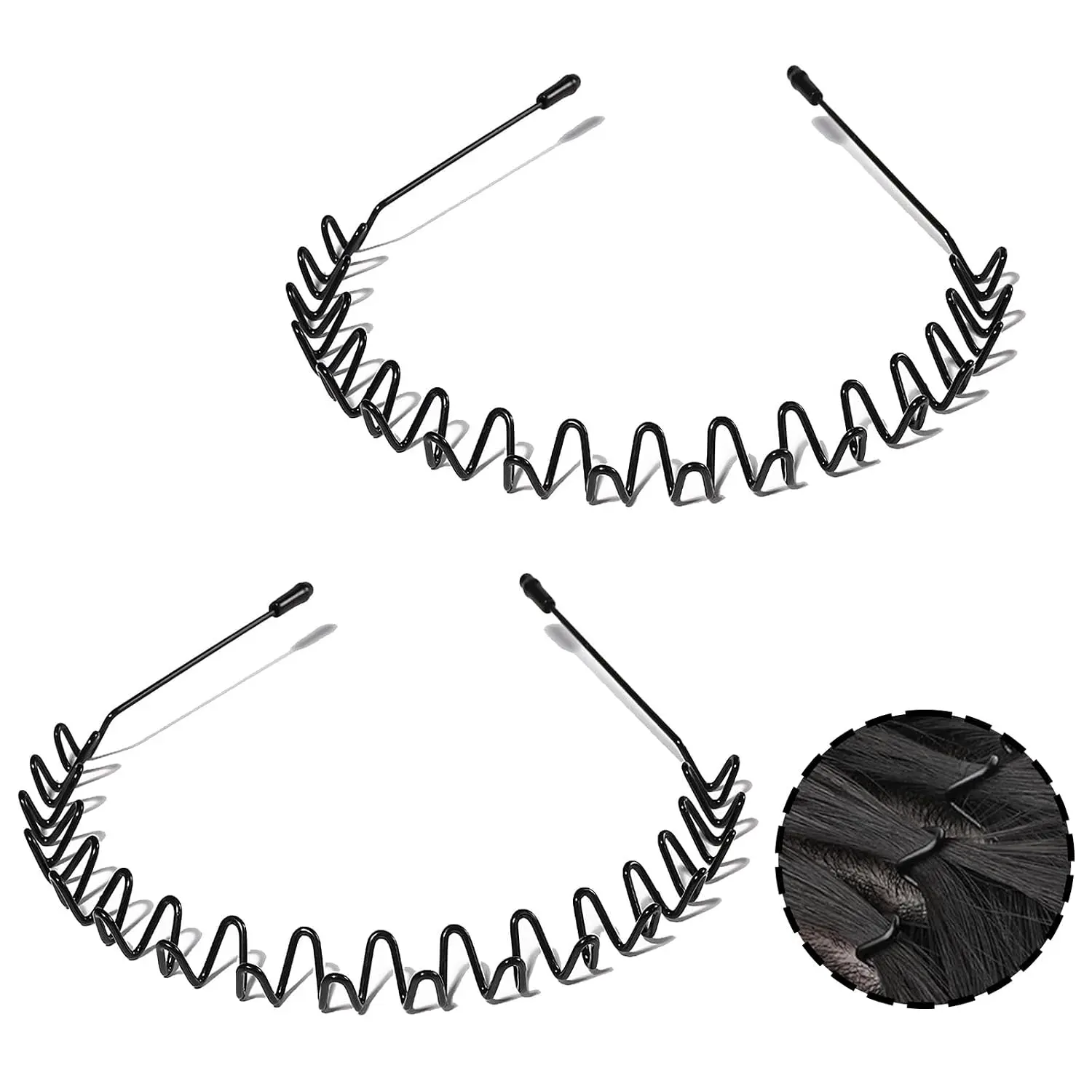 Metal Headband for Men, Adjustable Unisex Hair Band Wavy Design 2 Pack | Men's Zigzag Comb Headband with  —  Grip for Thick Hair, Curly Hair & High-Intensity Workouts.