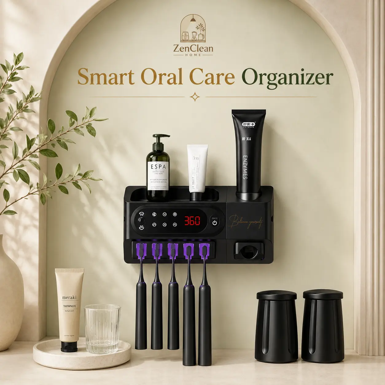 Minimalist Oral Care Smart Toothbrush Holder - Wall-Mounted ABS Plastic Bathroom Functional Decor, Auto Dispense Toothpaste, Fast-Drying, 5-Slot Storage, No-Drill Installation, USB-Rechargeable Magnetic Cups, Space-Saving Organizer for Modern Bathrooms