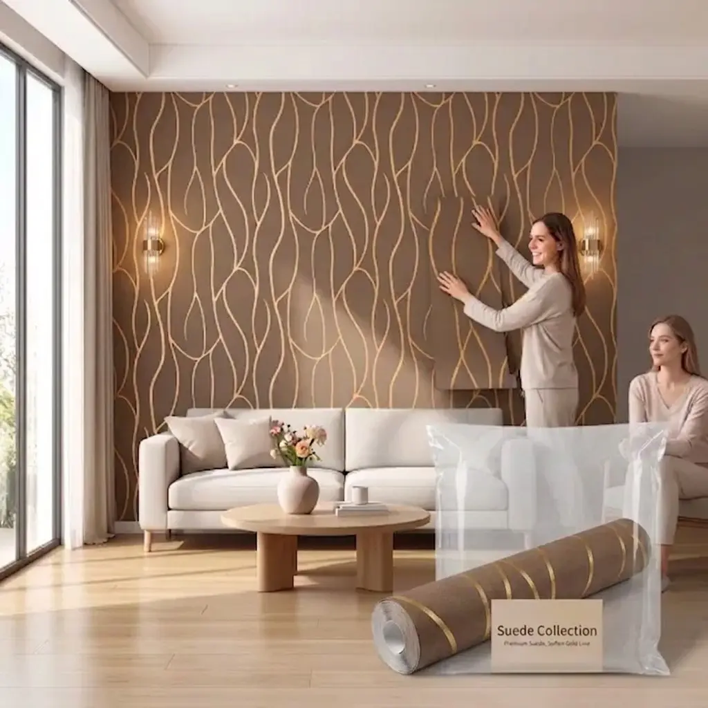 1 Roll Non Peel & Stick Suede Flocked Non-Woven Wallpaper, Decorative Wallpaper, Glue Required Nordic Minimal Geometric Curve 3D Embossed Wall Mural, Striped Floral Textured Wall Covering for Living Room, Bedroom & Home Decor
