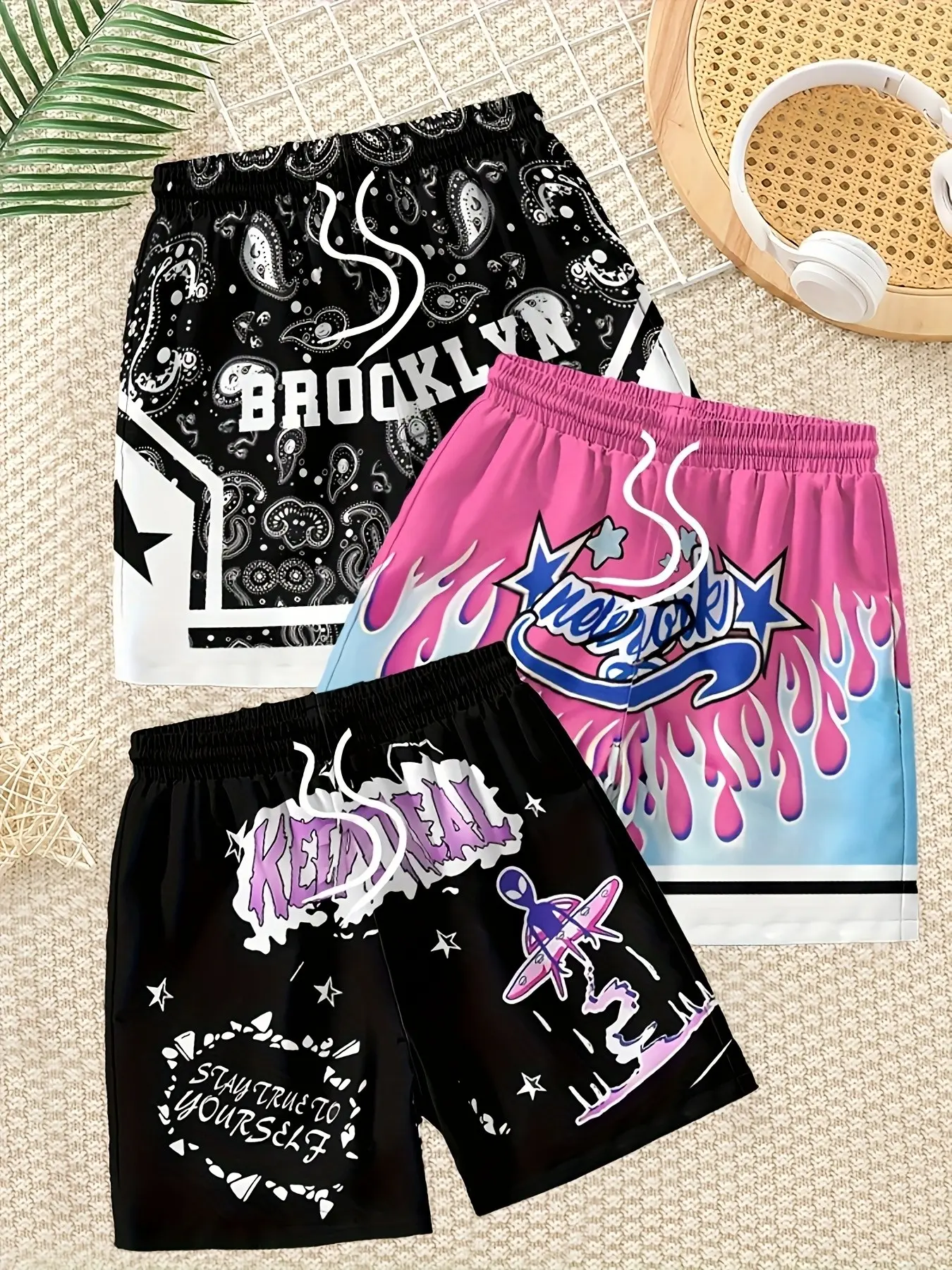 3-Pack Men's Printed Beach Shorts, Drawstring Outdoor Sports Casual Shorts, Perfect Summer Choice, Fitted Print Design, Unlined