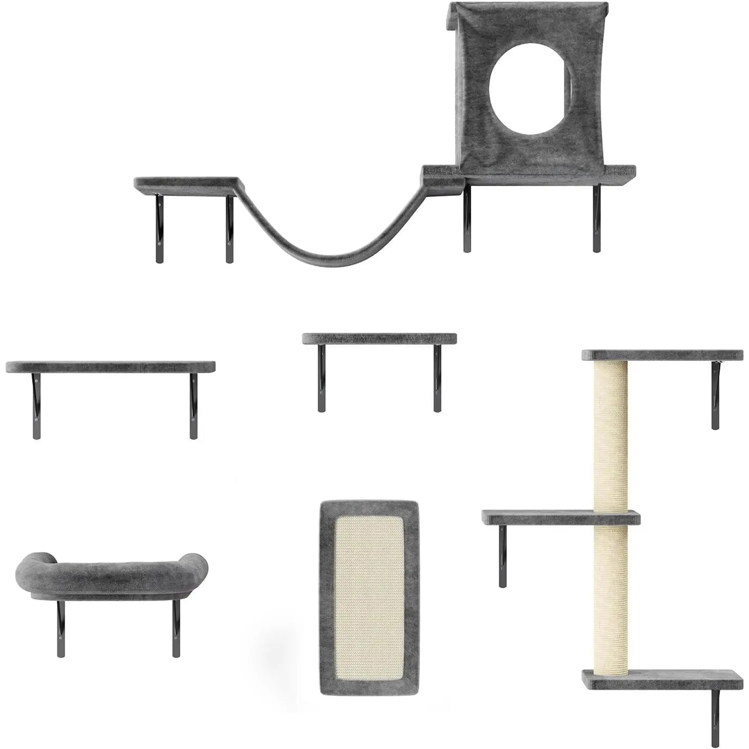 6 Pcs Luxury Wall-Mounted Cat Climber Set, Indoor Cat Furniture with 1 Condo House, 2 Cat Wall Shelves, 1 Scratching Accessory, 1 Bridge Ladder, 1 Scratching Pad, Dark Gray