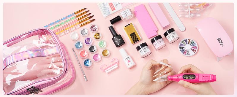 Nail Kit for Beginners with Everything: Practice Nail Hand Acrylic Set Professional Powder Liquid Starter Kits with Drill U/V Lamp in Cosmetic Gift Bag for Salon Home (Pink)