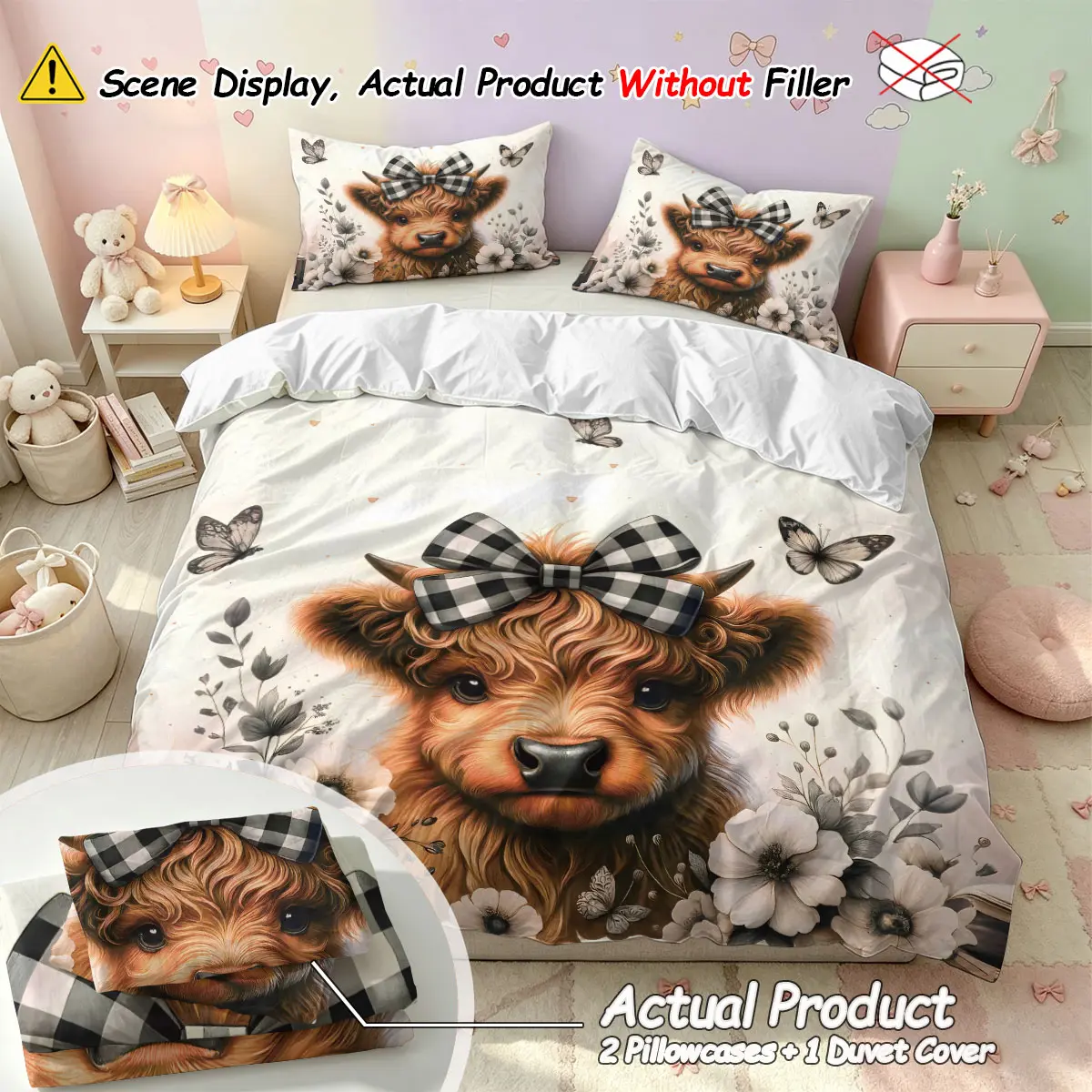 (1 Duvet Cover + 2 pillowcases, no filler),Cute Highland Cattle,Polyester Duvet Cover 3-piece bedding set, machine washable, anti-shrink & anti-deform, durable bedding supplies for bedroom and dormitory, Duvet Cover Sets