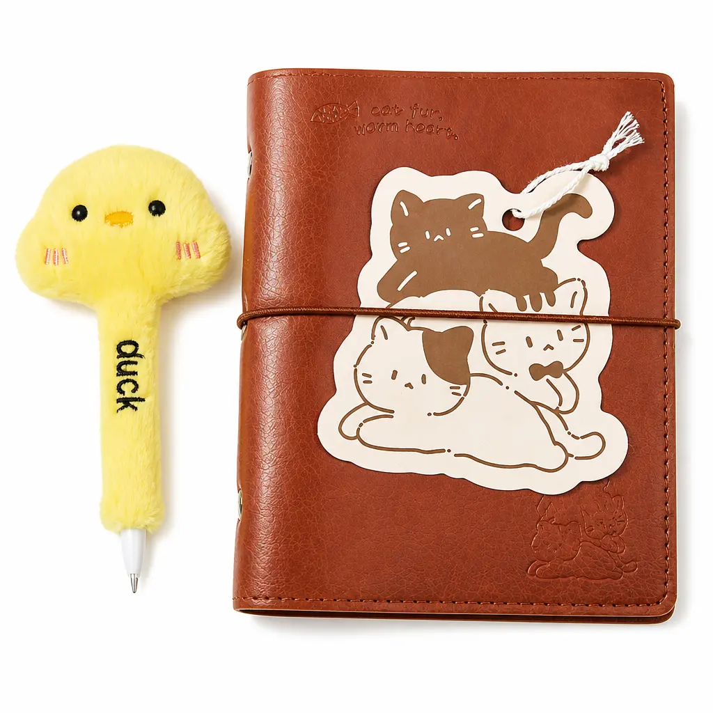 Kawaii Cat & Dog Journal Set – Soft Vegan Leather Loose Leaf Dot Grid Notebook with Detachable Pages & Fluffy Plush Pen | Eco-Friendly Aesthetic Planner Gift