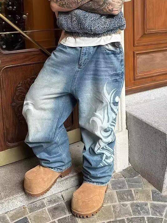 Men's Blade Totem Print Jeans, American Vintage Washed Distressed Denim, Loose Straight Wide-Leg Pants, Floor-Length Trousers