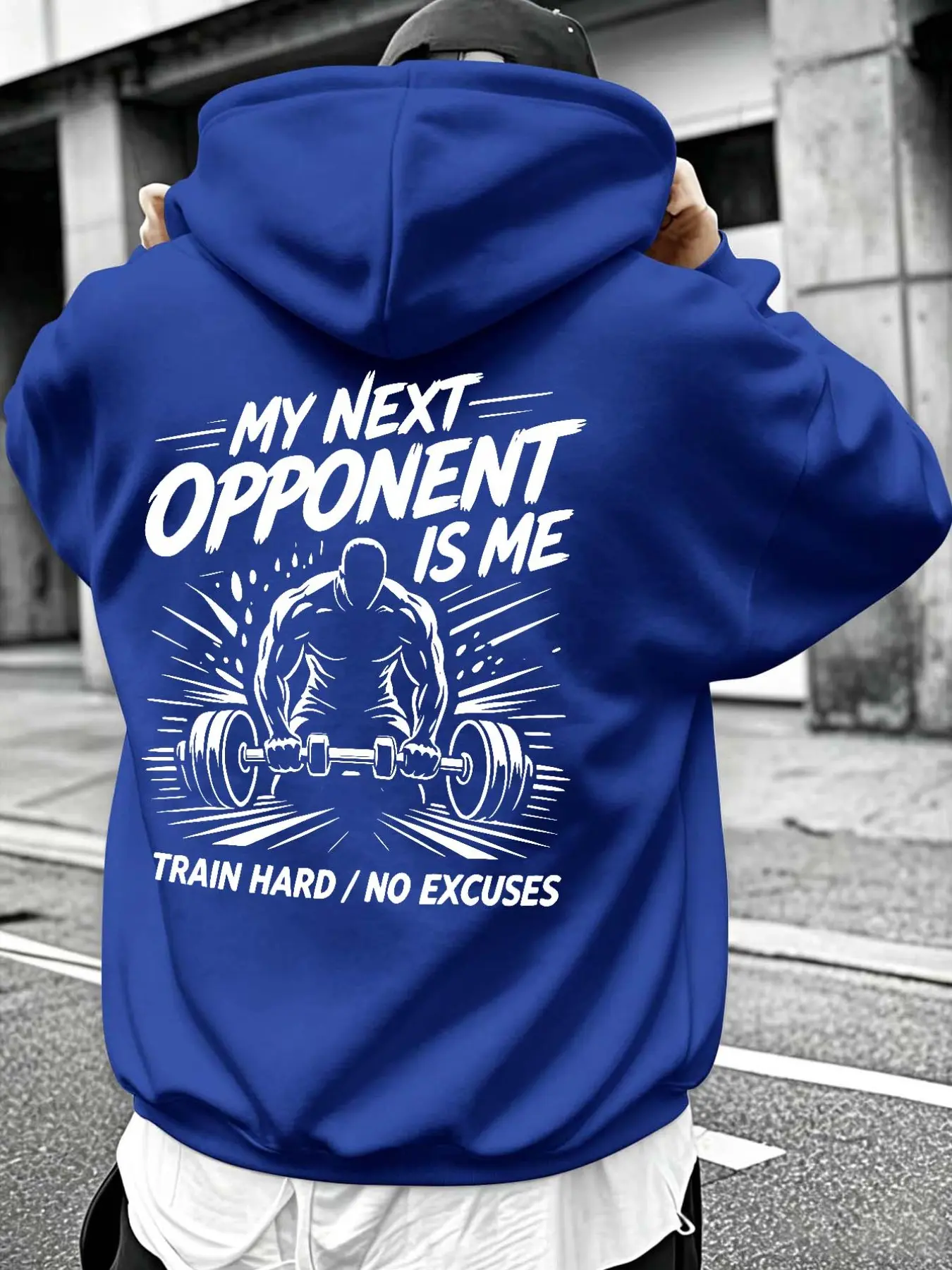 Trendy European Muscle Dumbbell Print Sweatshirt, Regular Fit Casual Streetwear, Drawstring Pocket Long Sleeve Hoodie, Hoodie Print Hoodies, Fall & Winter
