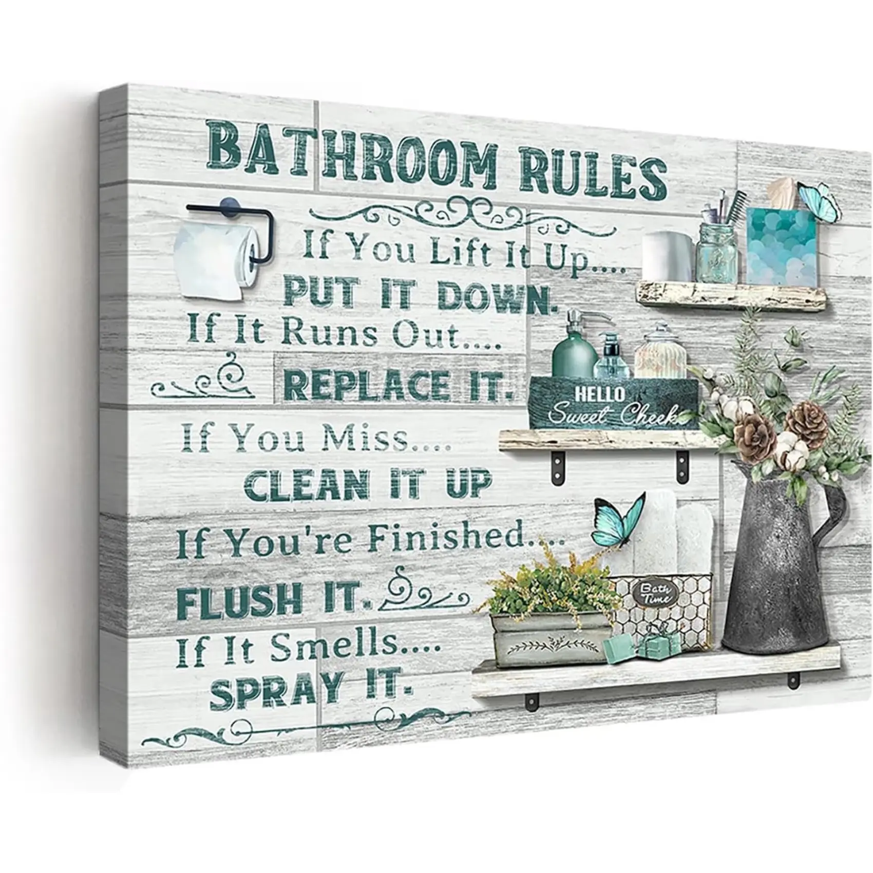 Farmhouse Bathroom Decor Wall Art Rustic Flower and Butterfly Bathroom Pictures Canvas Print Country Bathroom Wall Decor Teal Bathroom Rules Bathroom Wall Art Framed Ready To Hang 12"x16"