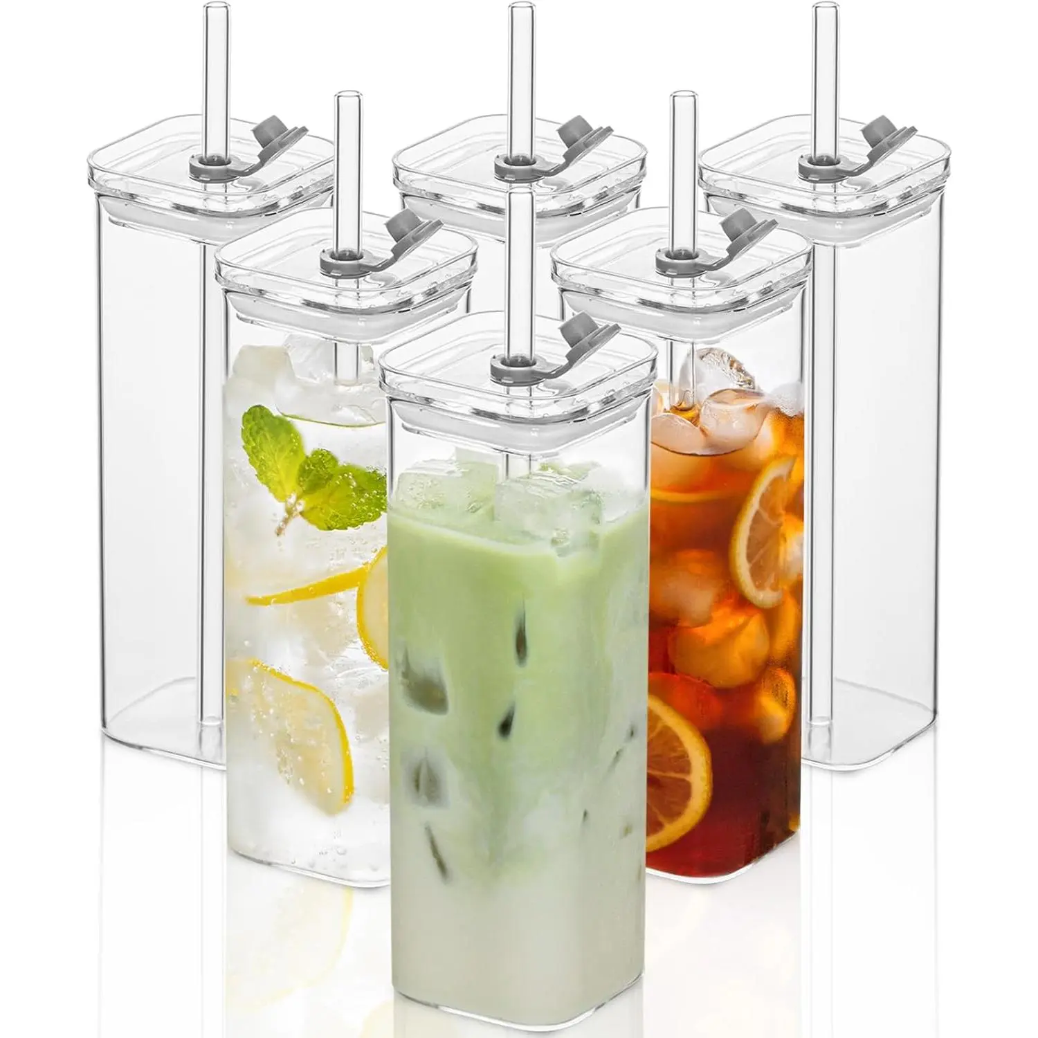 6 Sets Square Drinking Glass Cups, Old Fashioned Glasses, 17 Oz Square Glasses, Clear Highball Modern Glassware Tumbler Mixed Drinkware with Straws for Cocktail Coffee Juice Beer (Square-6PCS)