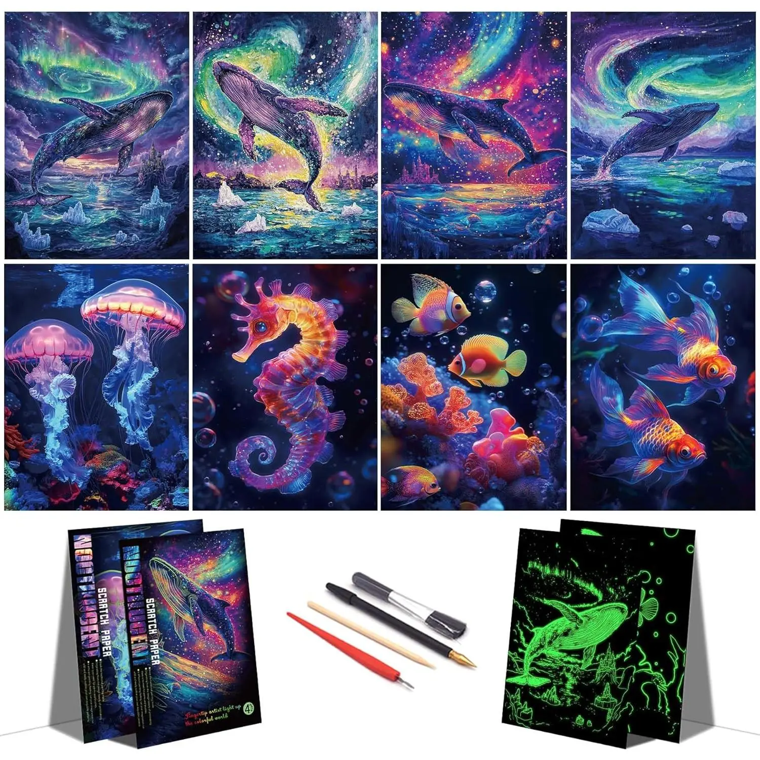 Rainbow Scratch Painting Art for Adults & Teens -Glow in The Dark Scratch Rainbow Art Paper, Creative Scratch Painting Kit,   for Scratch Art /Office Decor (Whale&Jellyfish)