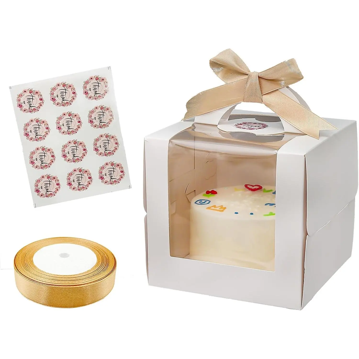 12 Set 6x6x6 Inches Cake Boxes with Cake Boards | 12Boxes & 12Borads & 70ft Silk Ribbon and 12 count Stickers for Pastries, Cookies, Chocolates, Cupcakes, Birthday Party