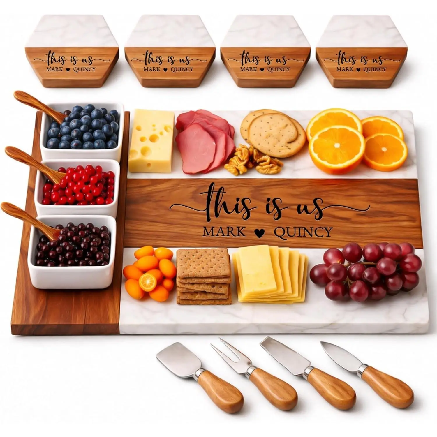 Personalized Charcuterie Board Set - Custom Engraved Wooden Marble Cheese Board with Knife Set - Best Wedding Gift for Couples, Bridal Shower, Engagement, Anniversary, Housewarming & Gift for Parents