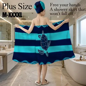 2Pcs Sea Turtle Striped Bath Wrap Towel with Hair Turban, Plus Size M-XXXXL Absorbent Shower Skirt, Soft Quick Dry Beach Towel Wrap for Women, Perfect for Summer Beach, Pool, Spa, Travel, Mother's Day & Holiday Gift