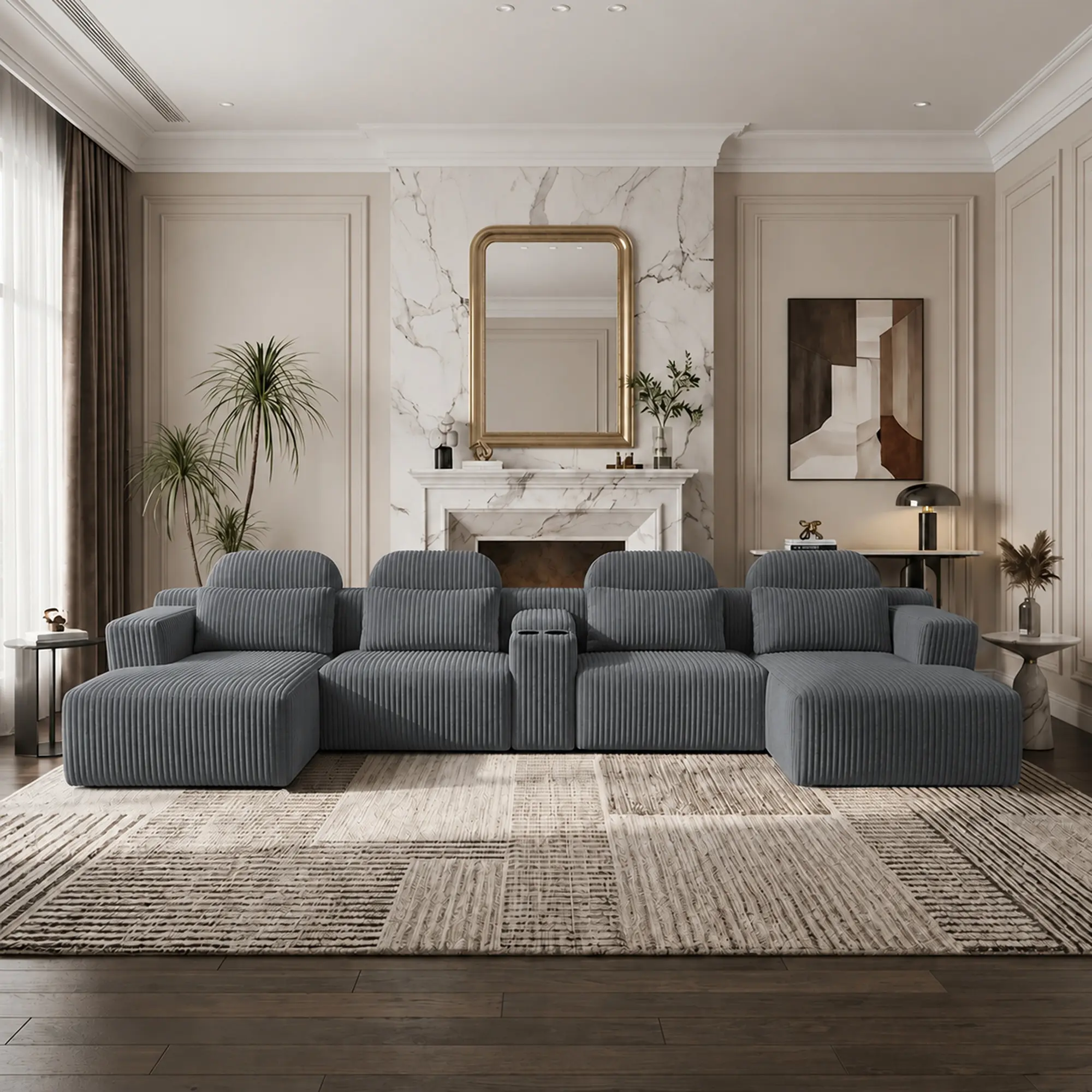 Nokaa Dark Gray Corduroy U-Shaped 6-Seater Modular Sofa with Cup Holders & Storage, 145.7 Inch Oversized Sectional Couch for Living Room Home Theater, Tool-Free Assembly, High-Resilience Foam, Multiple Options