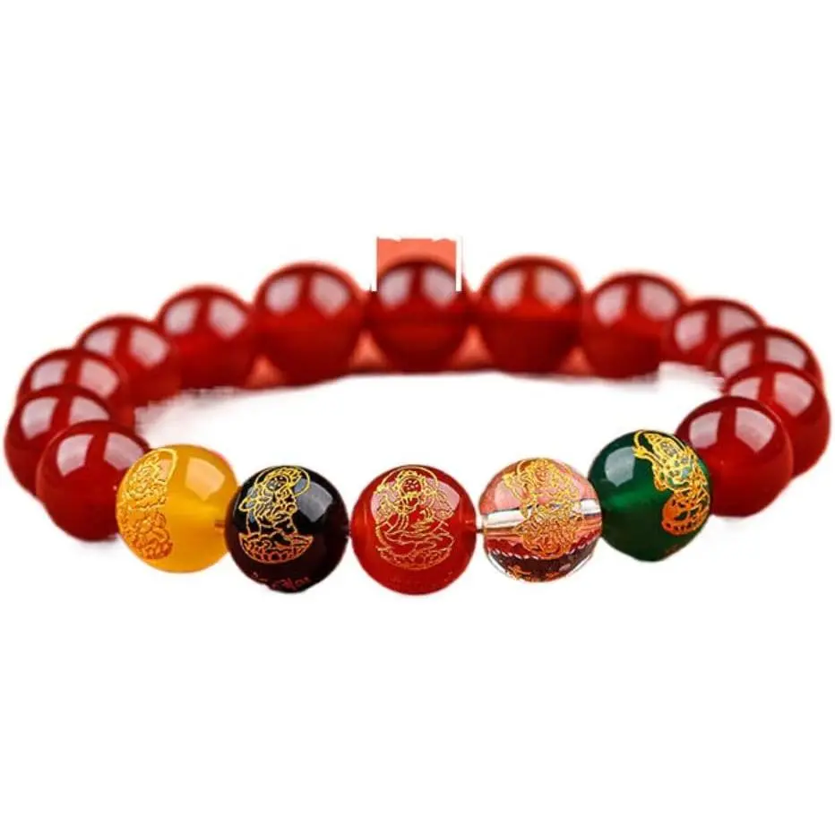 Red Agate Guardian Deity Beaded Bracelet, Multi‑Stone Spiritual Protection Amulet Bracelet, Good Luck Fortune Prayer Mala Bead Bracelet, Unisex Spiritual Fashion Jewelry Gift