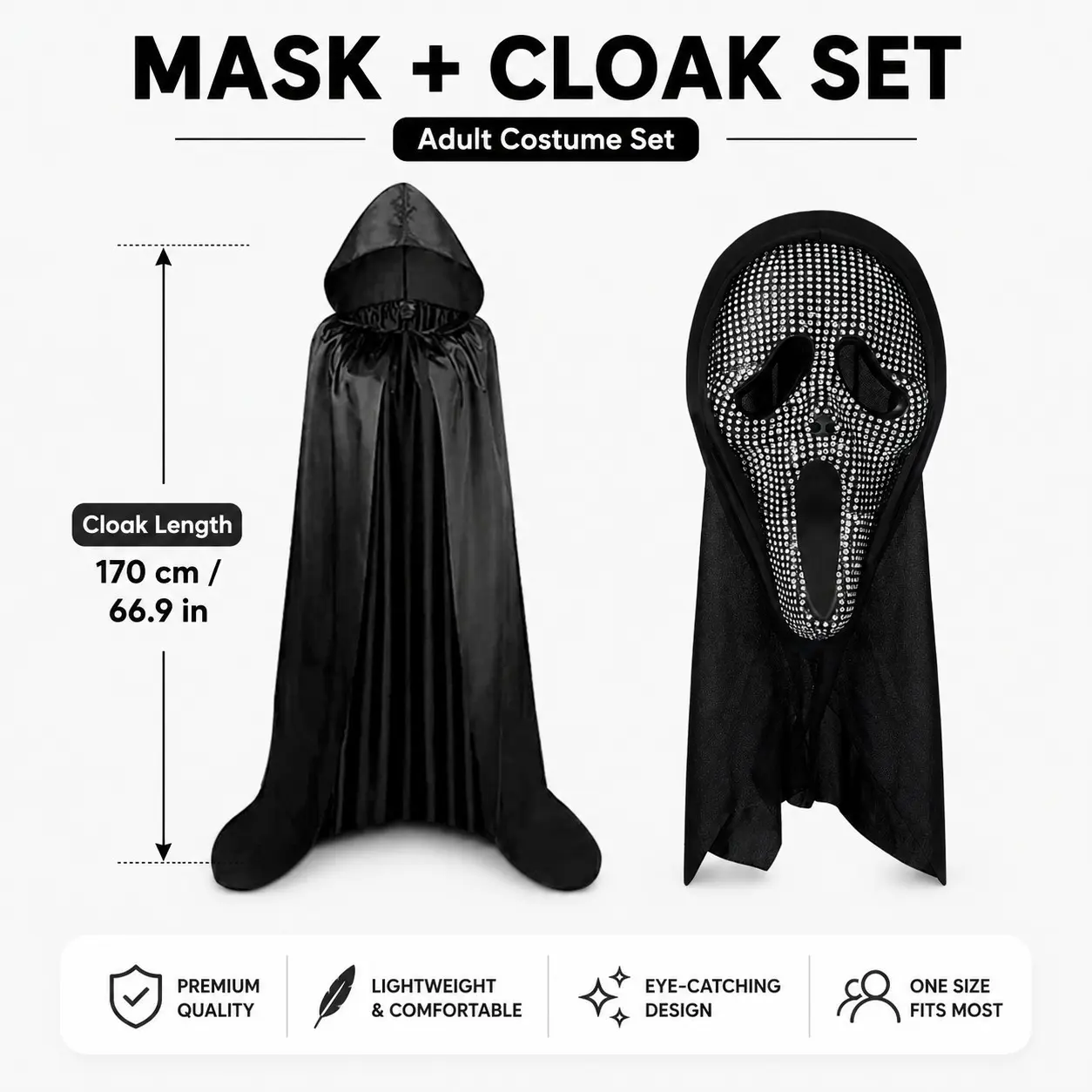 Rhinestone Ghost Face Mask with Hood, Sparkling Halloween Horror Mask for Adult Cosplay, Party, Masquerade & Photo Props