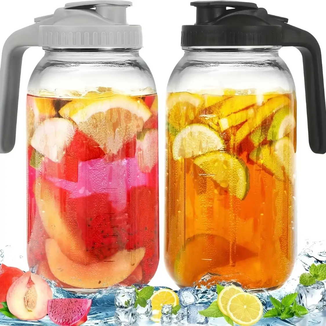 Wide Mouth Heavy Duty Glass Mason Jar Pitcher with Lid & Pour Spout, Food Grade Airtight Leakproof BPA Free Reusable Cold Drink Dispenser, Multipurpose Fridge Storage for Sun Tea Iced Tea Cold Brew Coffee Juice Lemonade Breast Milk Home Office Daily Use