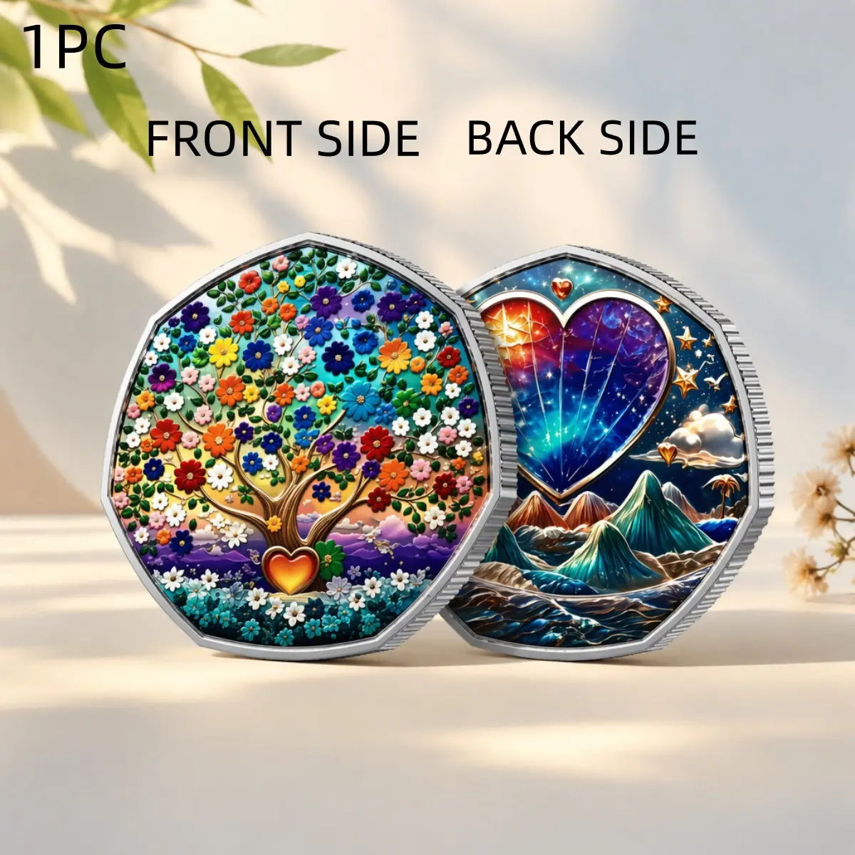 1PC 3D Relief Seven Sided Romantic Heart Commemorative Coin Medal Colorful Garden Tree Fantasy Valley Design Collectible Decoration Coin Love Memory Gift Home Office Display Birthday Holiday Souvenir Commemorative And Decorative Collectible