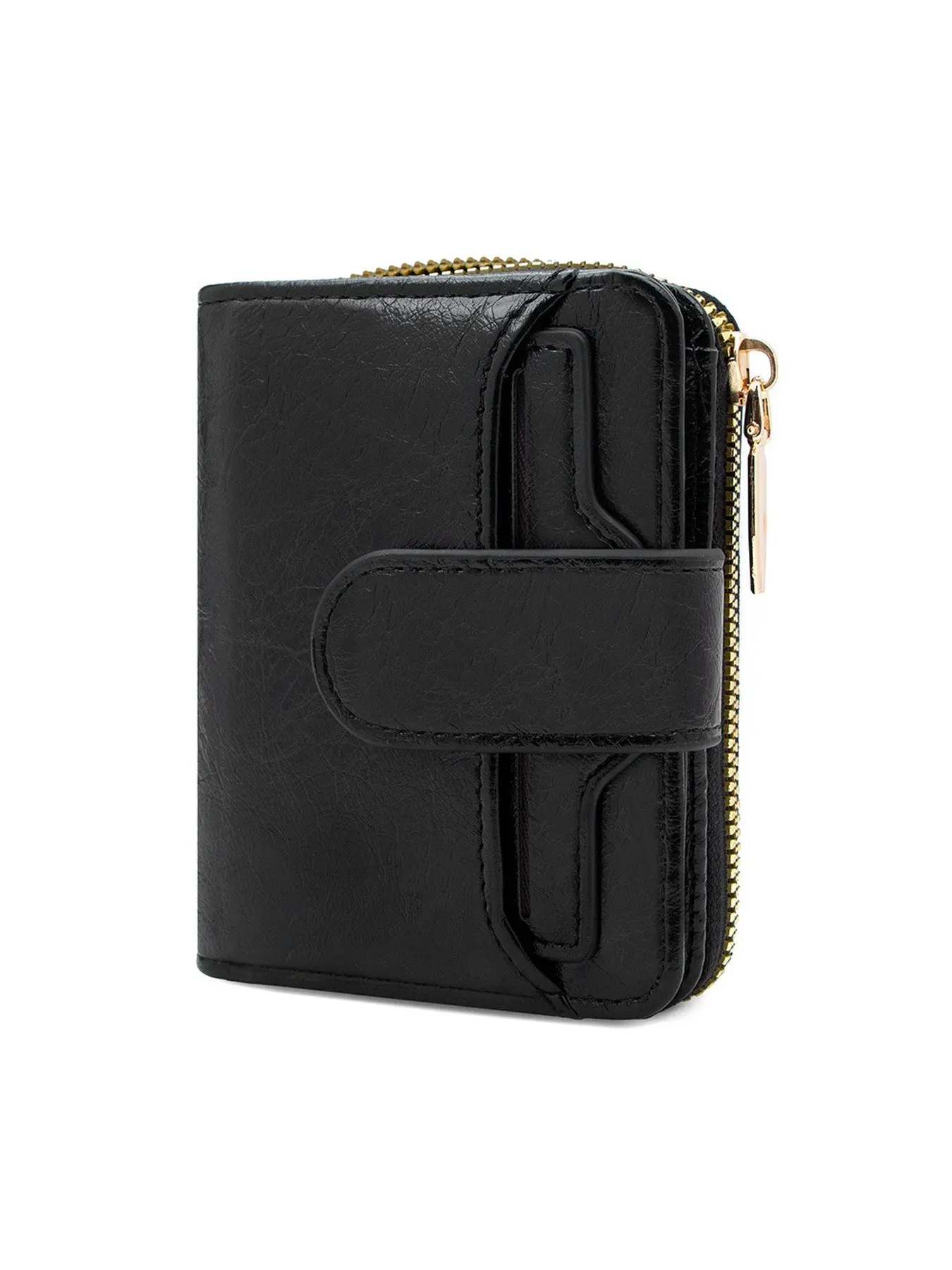 Vintage Black Leather Short Wallet for Men Women, Multi Card Slots Mini Purse with Snap Button & Side Zipper Coin Pocket