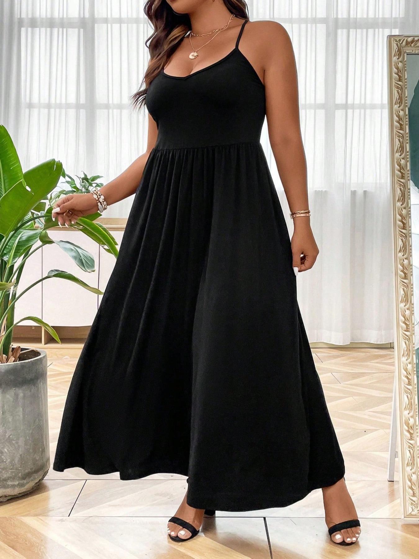 Plus Size Criss Cross Backless Cami Dress, Casual Solid Sleeveless Spaghetti Strap A-Line Dress for Summer, Women's Clothes for Party Holiday Womenswear Plus Size Criss Cross Backless Cami Dress, Casual Solid Sleeveless Spaghetti Strap A-Line Dress for Summer, Women's Clothes for Party Holiday Womenswear
