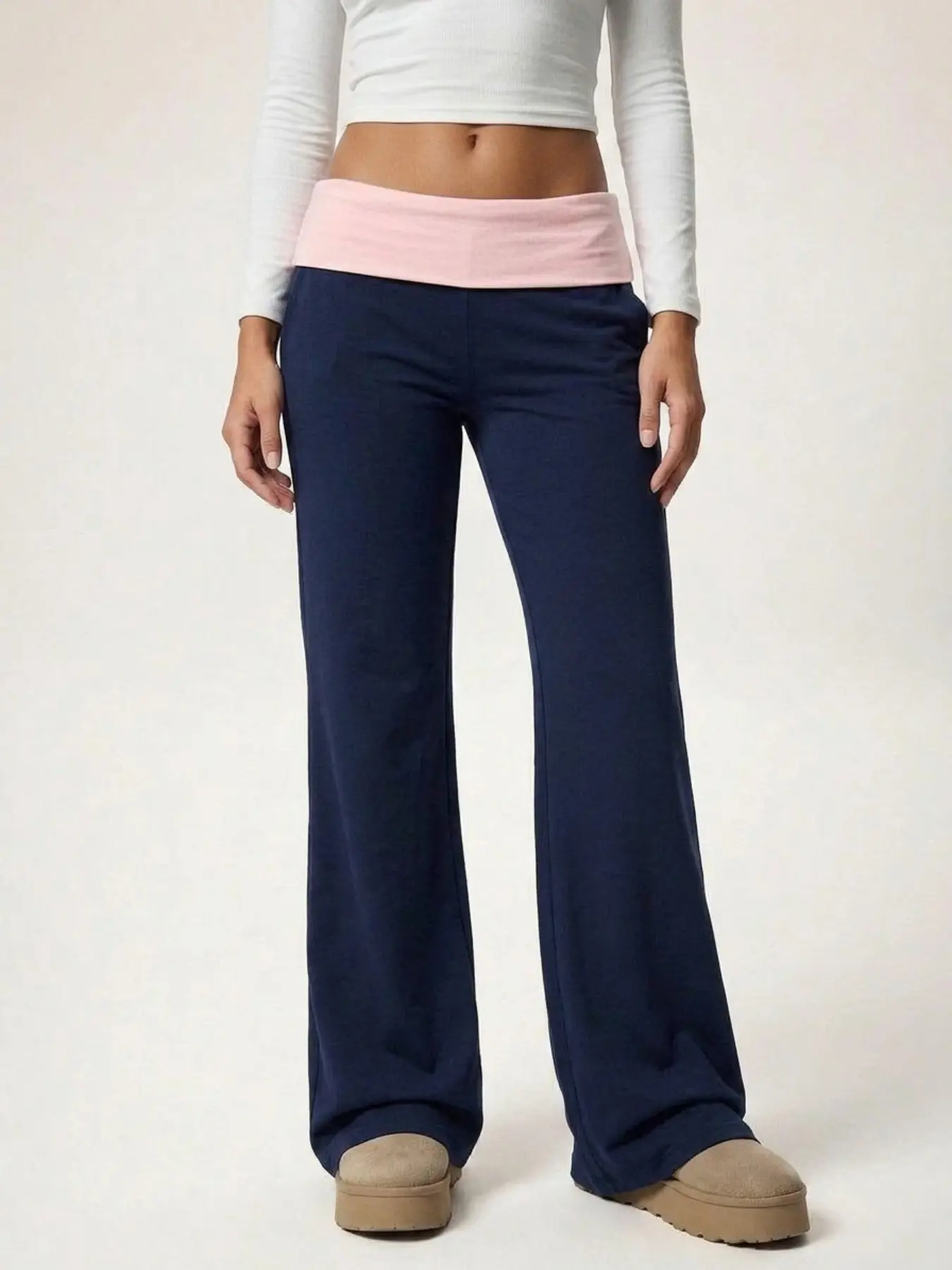 Women Color Block Fold Over Waist Flared Pants High Stretch Slim Bootcut Leggings Y2K Casual Streetwear Trousers