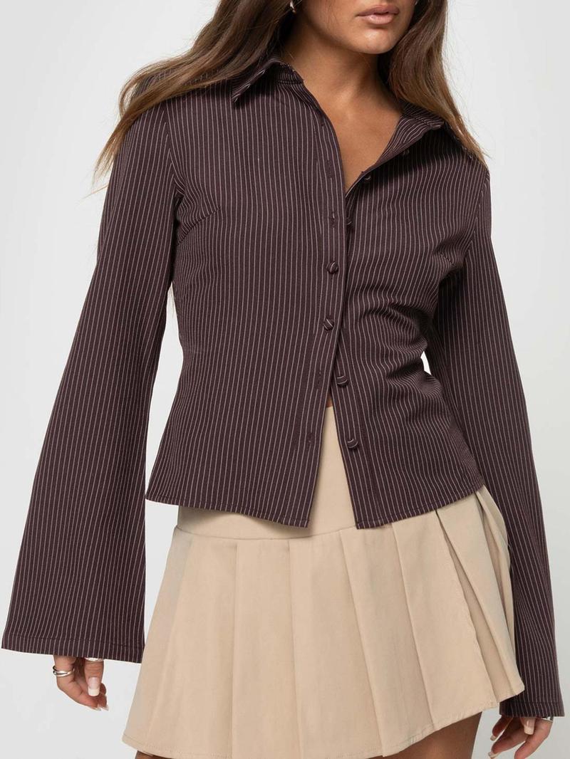 Women's All-Over Striped Print Button Front Blouse, Casual Long Sleeve Top for Spring & Fall, Ladies Clothes for Daily Wear, Casual Fashion Shirt